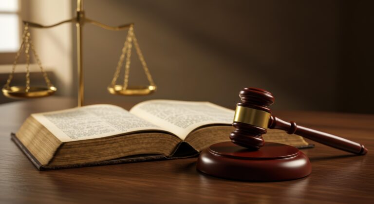 Justice representation with gavel, scales, and legal book on wooden table in court setting