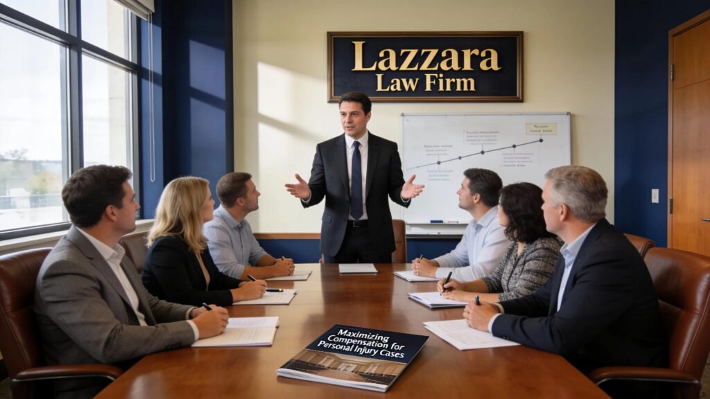 Attorney consulting with clients at Lazzara Law Firm about maximizing injury compensation strategies