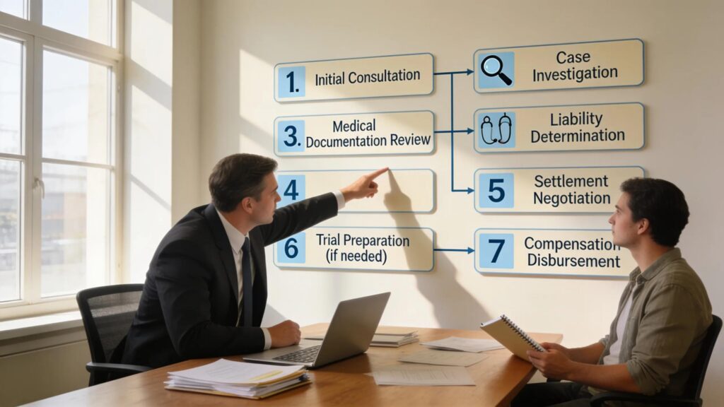 Attorney explaining key steps in the personal injury compensation process to a client